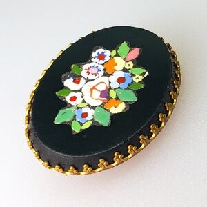 Antique Micro Mosaic Black and Gold Floral Brooch